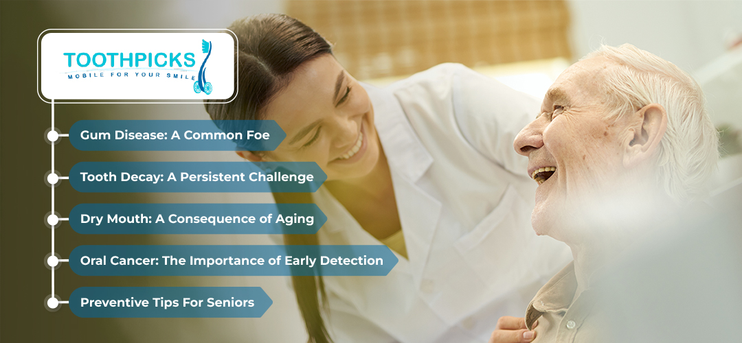 An elderly male patient is laughing while speaking with a Toothpicks staff member, who is also smiling.